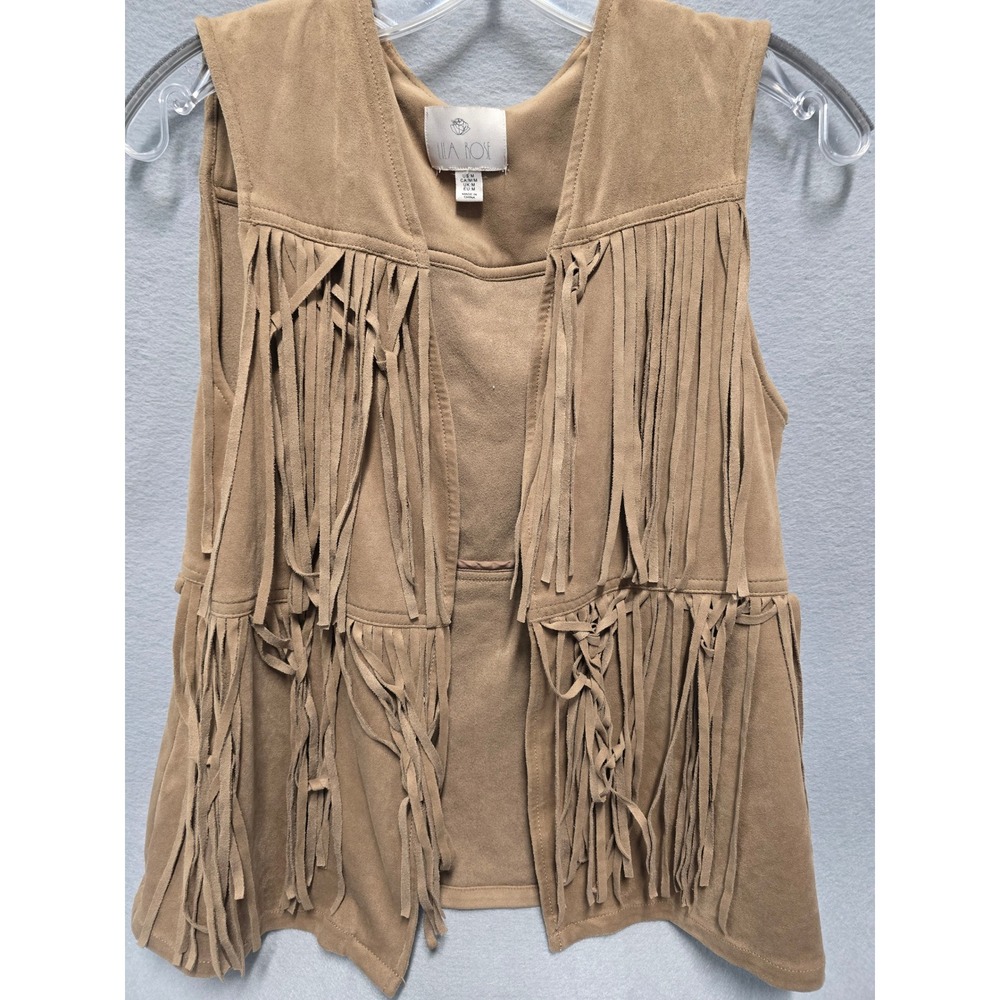 Lila Rose Tan Faux Suede Fringe Vest Womens Med Boho Western Open Front Tassel